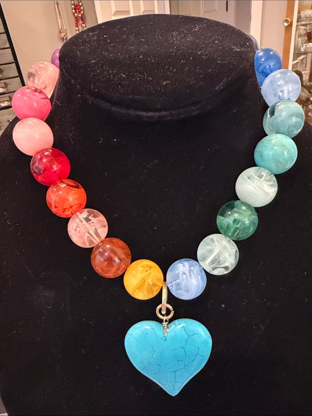 Colorful Beaded Necklace with Turquoise Heart Pendant - Multicolor